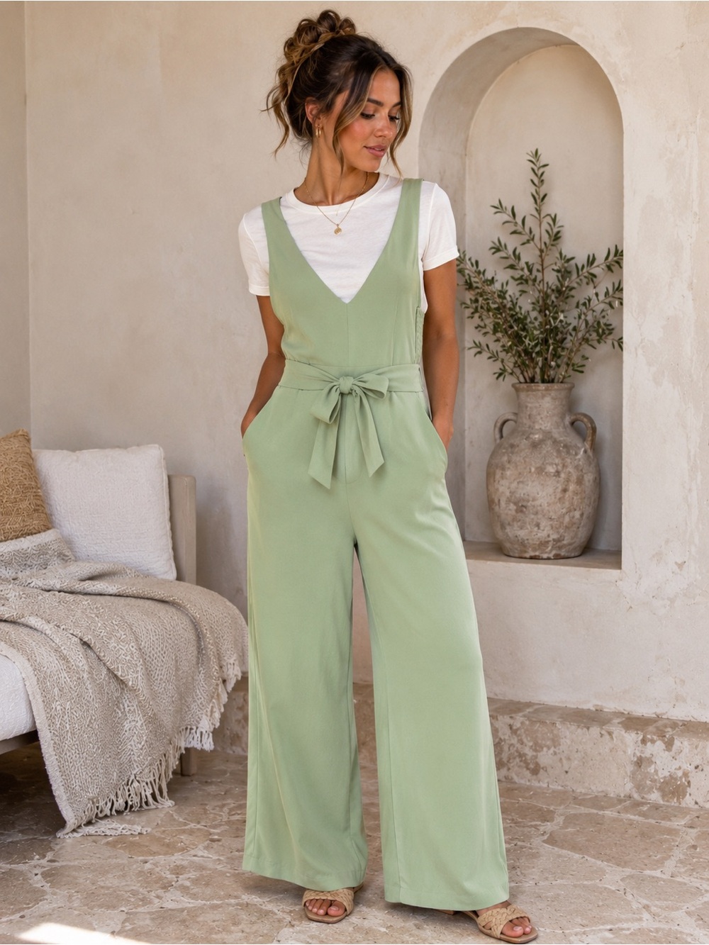 Mint Green Wide Leg Jumpsuit XS‎ Smocked Back Tie Waist Minimalist Chic